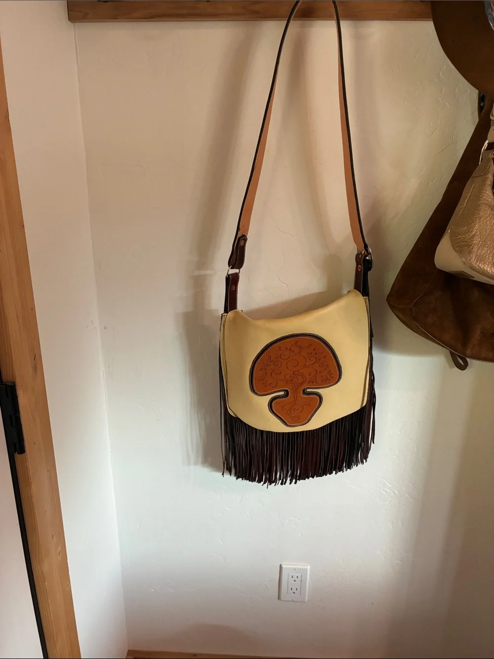 Genuine leather Cream and Brown Fringe Crossbody Bag with Decorative Appliqué